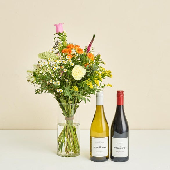 Floristens kreative buket med 2 fl. vin